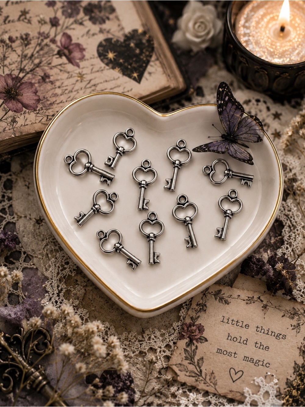 Lot of 10 Silver Heart Key Charms | Antique Silver Alloy Steampunk Pendants